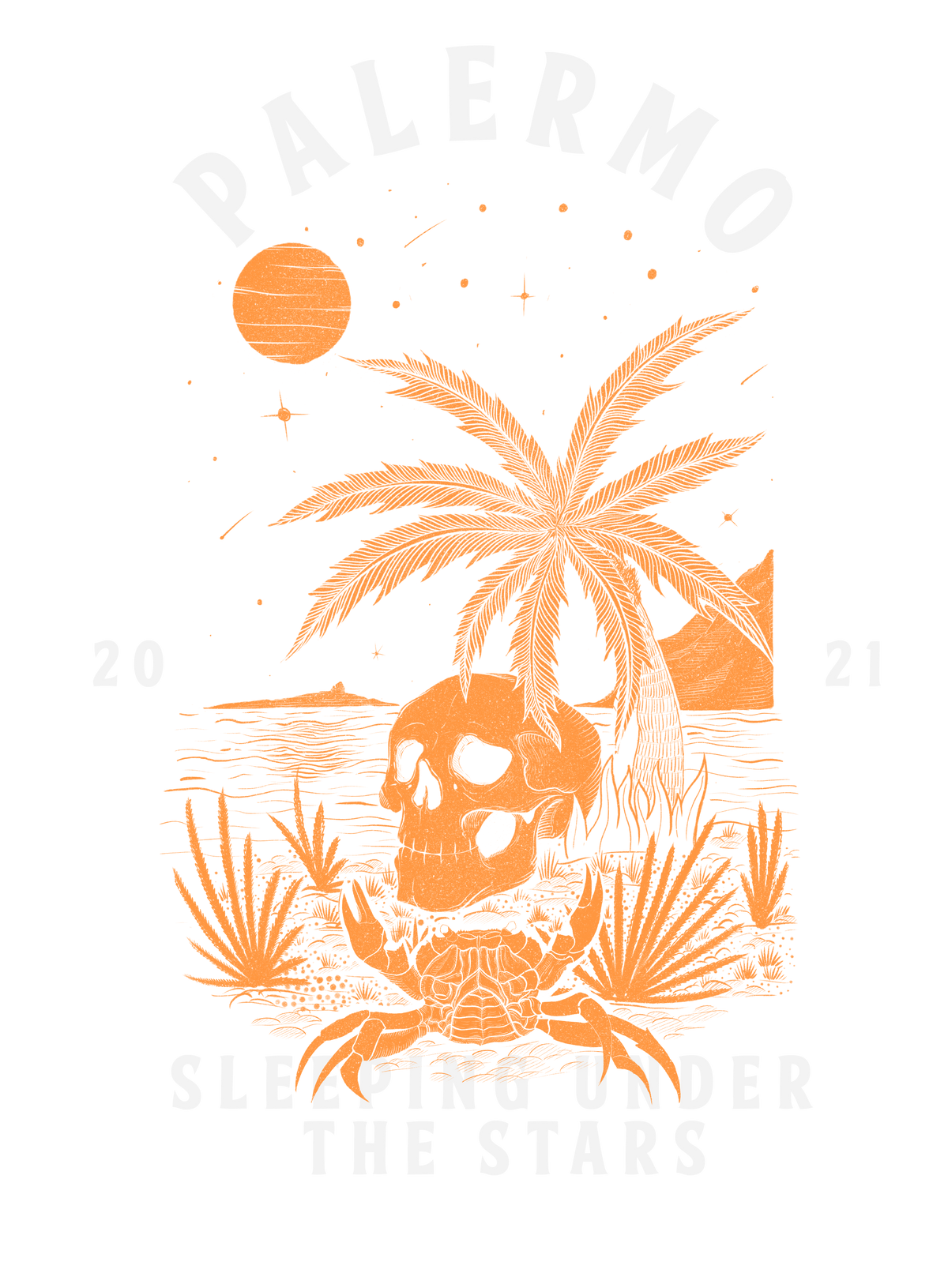 Palermo Sleeping Under the Stars – illustrazione con granchio, teschio e palma