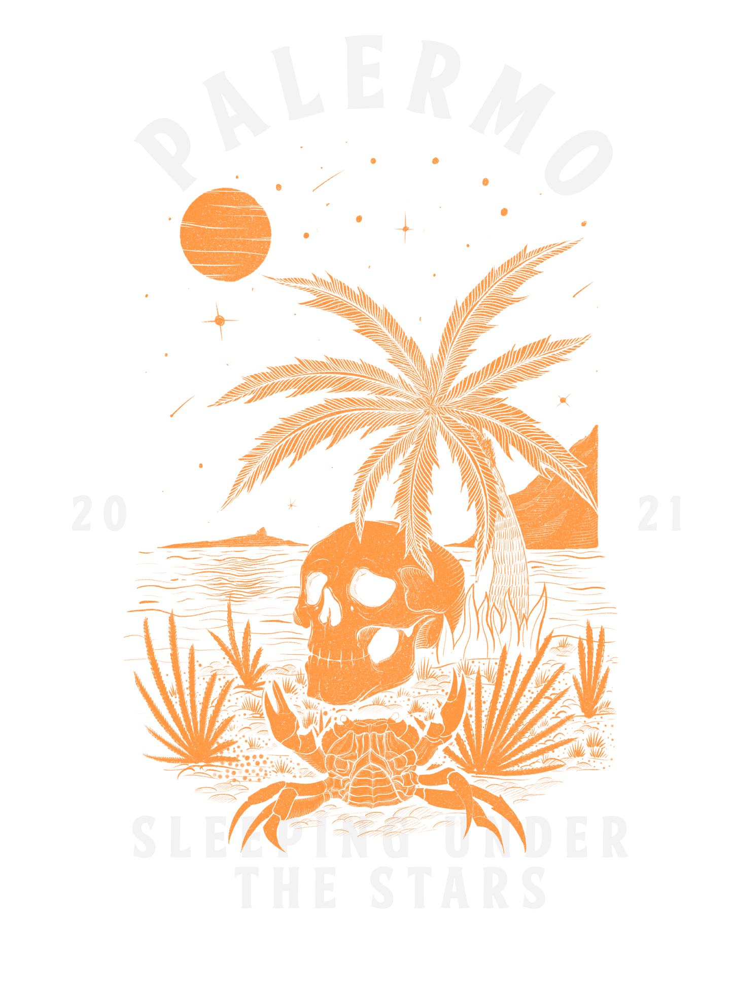 Palermo Sleeping Under the Stars – illustrazione con granchio, teschio e palma