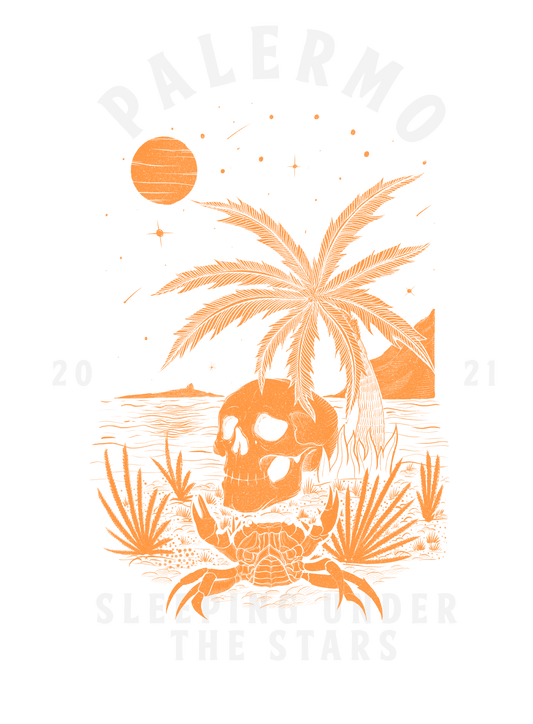 Palermo Sleeping Under the Stars – illustrazione con granchio, teschio e palma